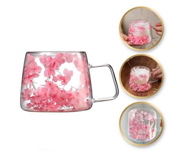 Ružičasta šalica sa suhim cvijećem, dvostruka stijenka, borosilikatno staklo, toplinska izolacija, hortenzija, 180 ml