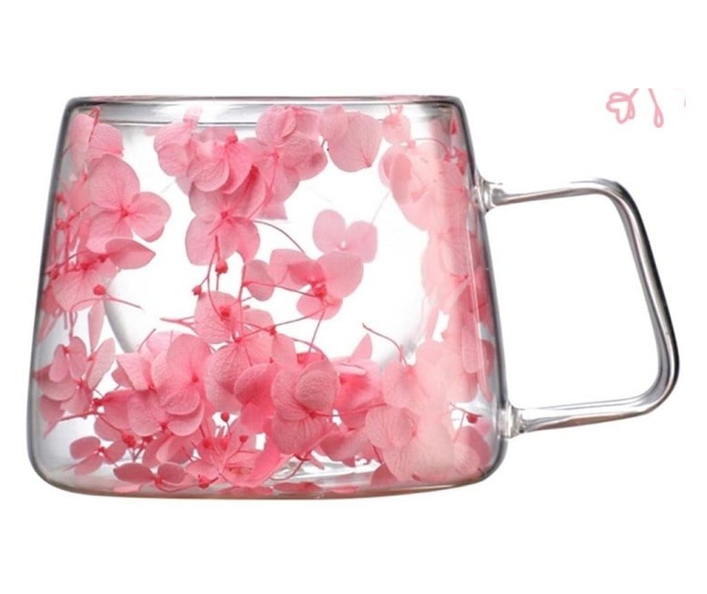 Roza posušena roža skodelica, dvojna stena, borosilikatno steklo, toplotna izolacija, hortenzija, 180 ml - 5