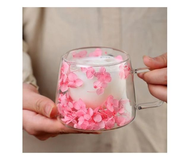 Ružičasta šalica sa suhim cvijećem, dvostruka stijenka, borosilikatno staklo, toplinska izolacija, hortenzija, 180 ml