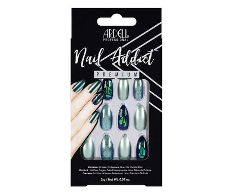 Set Unghii false 24 buc + Adeziv + Pila 1 buc + Stick pentru cuticule 1 buc, Ardell Nail Addict, green glitter chrome