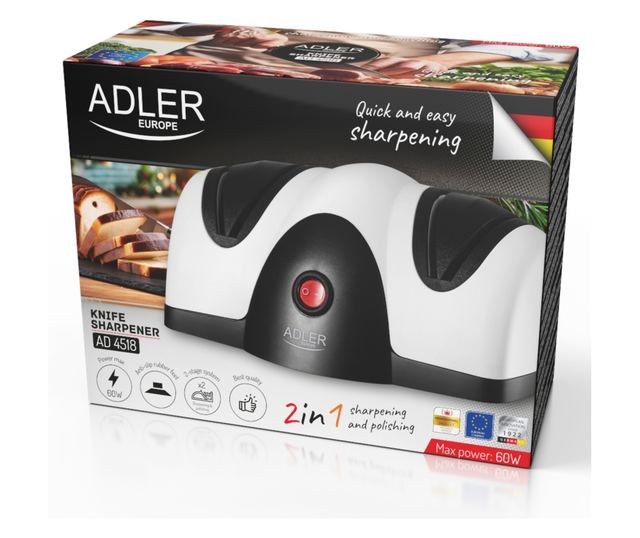 Ηλεκτρική ξύστρα μαχαιριών Adler AD 4518, 40 W, 2 επίπεδα ακονίσματος, μαύρο/ασημί