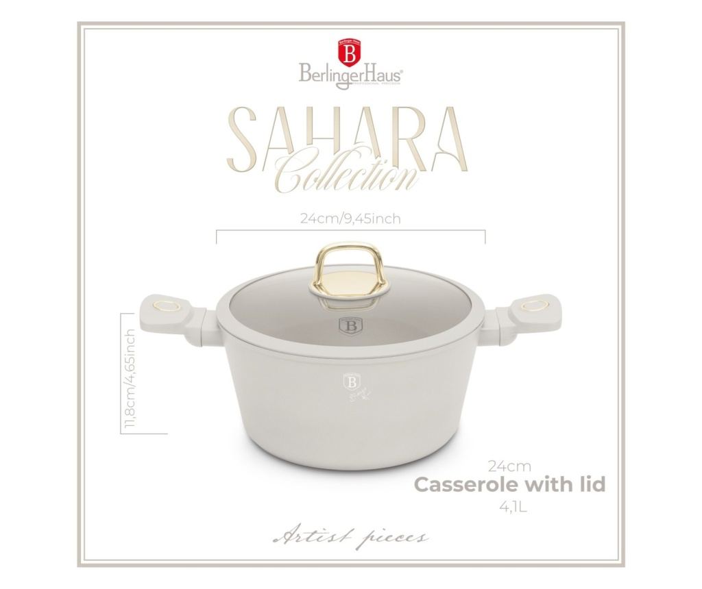 Oală cu capac 24 cm, 4.1L – Berlinger Haus Sahara Collection BH 8071, crem, antiaderentă cu titan, pentru supe și tocane - 2