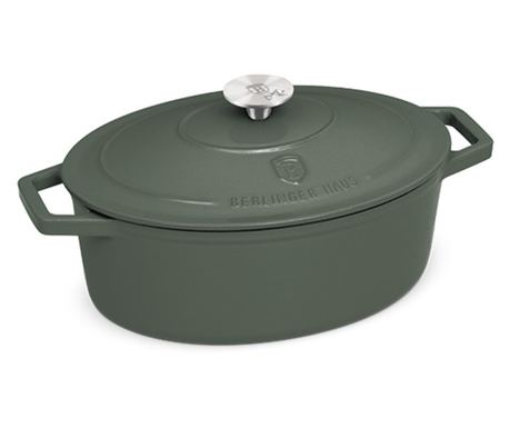 Ovalni emajliran litoželezni lonec s pokrovom 30 cm, 4,65 l – Berlinger Haus Green Matte Collection BH 6545, zelen, idealen za p