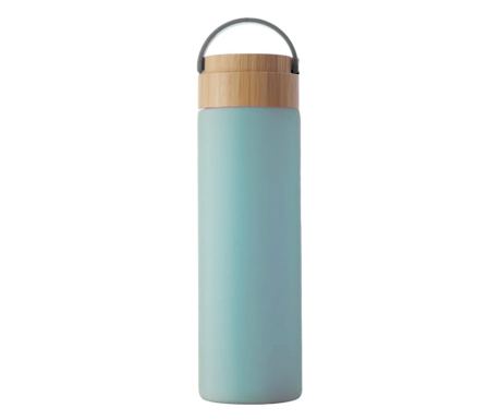 Sticla termos metalica Pufo Traveler cu capac etans din bambus, izoterm, 500 ml, albastru