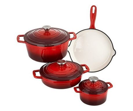 Set lonaca s poklopcima i tavom, kvalitetno emajlirano lijevano željezo, Xanten Carl Schmidt Sohn 067489, 7 dijelova, crveno s c
