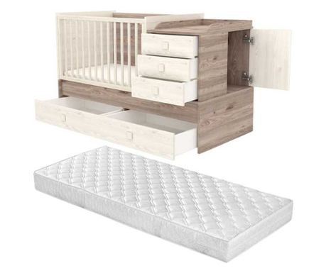Mercaton večnamenska otroška posteljica z vzmetnico Comfort II, masiven les, 5 predalov, zaščitne stranske ograje, 120×70 cm