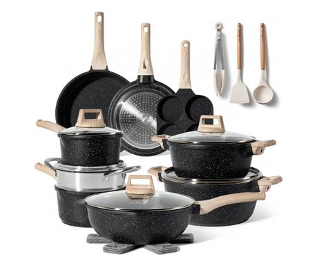 Комплект тенджери и тигани Just Perfecto JL-722, 21 ч, Отливка, Мраморно покритие, Индукция, Съд за готвене на пара, Аксесоари, 