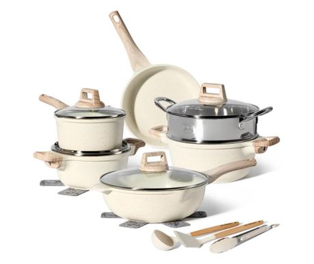 Комплект тенджери и тигани Just Perfecto JL-779, 15 ч, Отливка, Мраморно покритие, Индукция, Съд за готвене на пара, Аксесоари, 