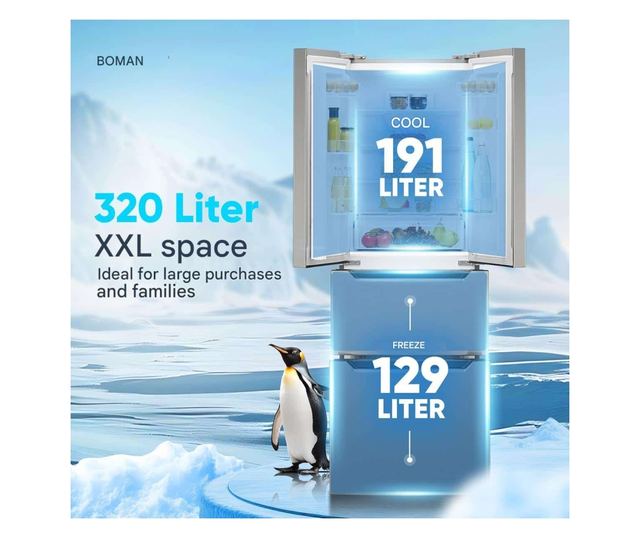 Хладилник side by side Total No Frost, Bomann, French Door, 320 литра, неръждаема стомана