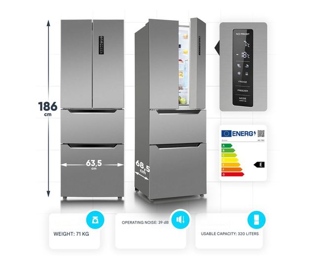 Хладилник side by side Total No Frost, Bomann, French Door, 320 литра, неръждаема стомана