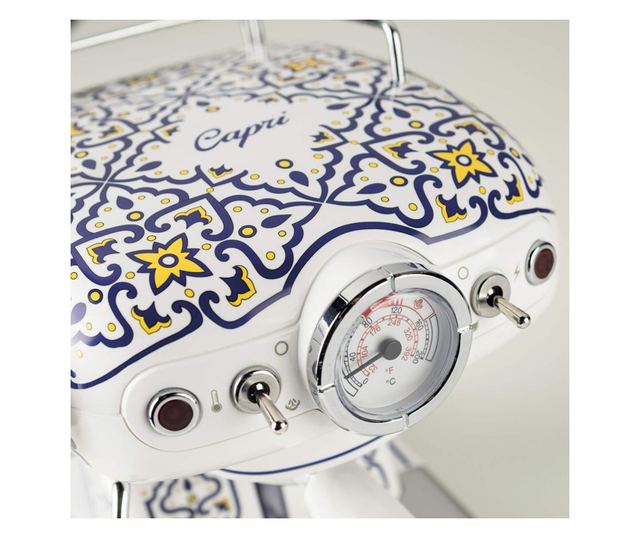 Ariete Capri 1389/1C kávéfőző, 850 W, 15 bar, 0,9 l, tejpároló, őrölt és ESE hüvely, fehér/kék