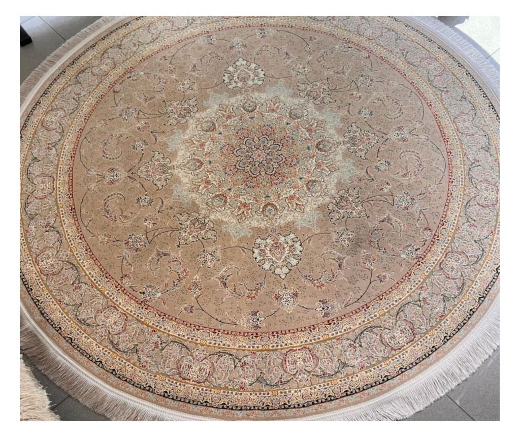 Covor rotund bej, cu design clasic, dimensiuni 150x150 cm, fabricat din mătase și bumbac. - 2