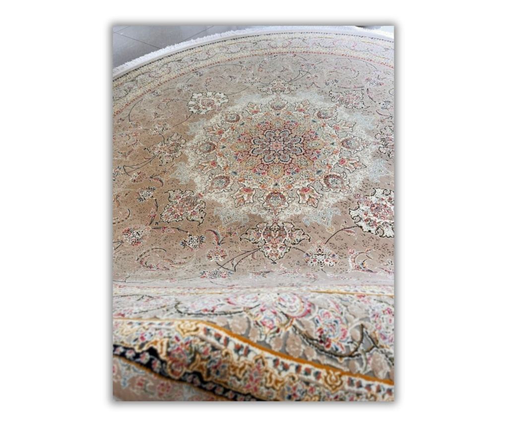 Covor rotund bej, cu design clasic, dimensiuni 150x150 cm, fabricat din mătase și bumbac. - 3