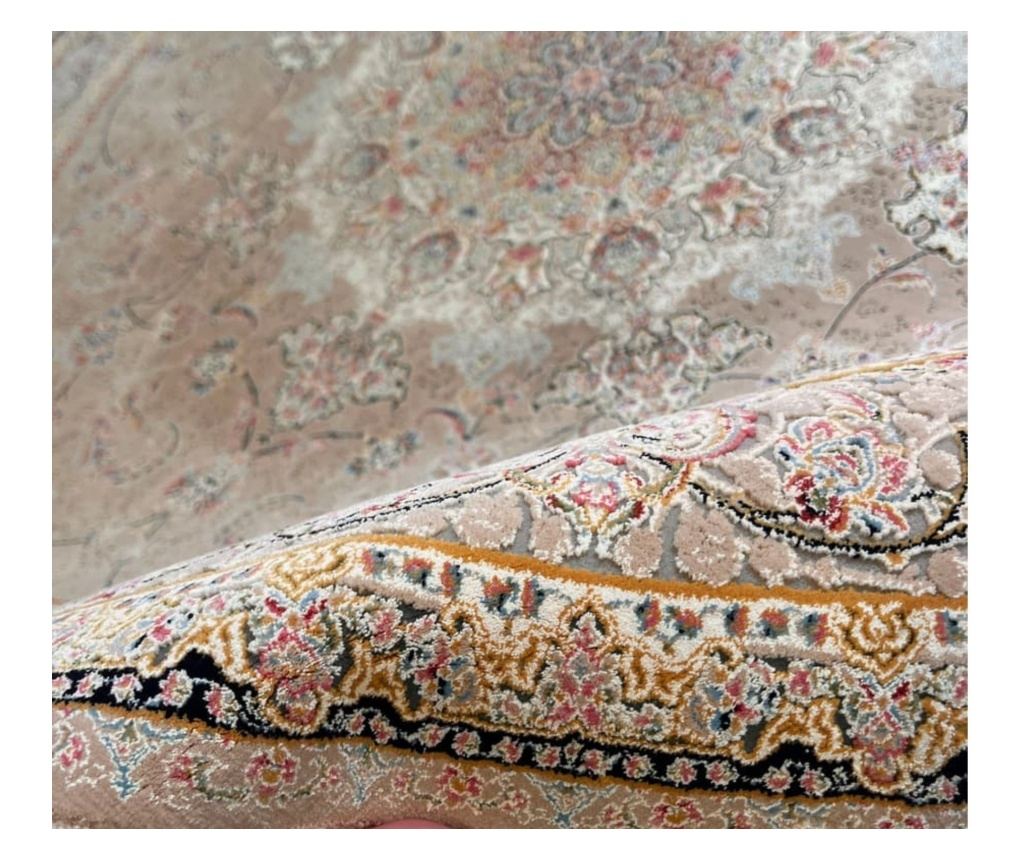 Covor rotund bej, cu design clasic, dimensiuni 150x150 cm, fabricat din mătase și bumbac. - 4