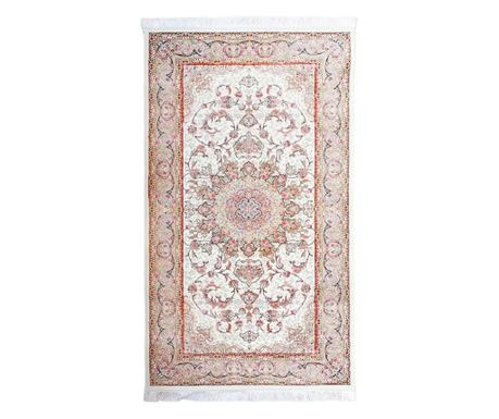 Kremasti tepih klasičnog dizajna, dimenzija 80x150 cm, izrađen od svile i pamuka, idealan za dnevni boravak.