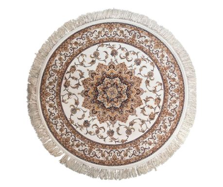 Kremasti, okrugli tepih s klasičnim i floralnim dizajnom, dimenzija 150x150 cm, izrađen od svile i pamuka.