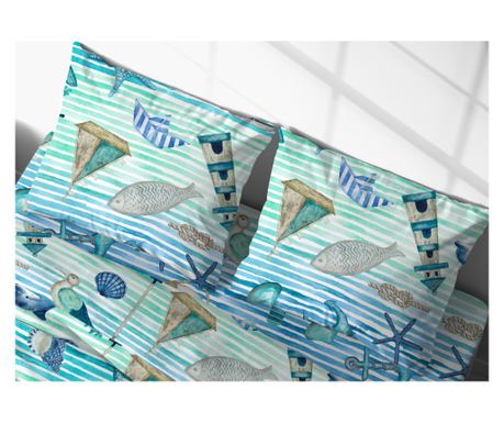 Pereche de fețe de pernă pentru pat cu nasturi laterali 100% bumbac design marin 25 GI
