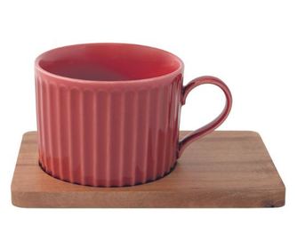 Set porțelan 2 căni 250ml și farfurii lemn acacia roșu/gri