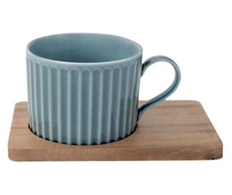 Set porțelan 2 căni 250ml și farfurii lemn acacia albastru/portocaliu