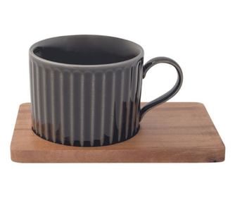 Set porțelan 2 căni 250ml și farfurii lemn acacia gri/verzuliu