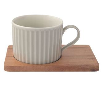 Set porțelan 2 căni 250ml și farfurii lemn acacia verde/gri