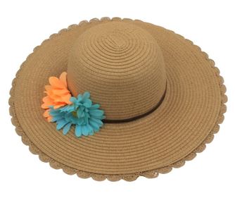 Barna női strandkalap narancs-kék virágokkal