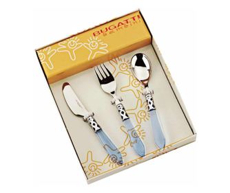 Evőeszközkészlet gyerekeknek, Casa Bugatti, 3 részes, prémium, elegáns design, rozsdamentes acél, pasztell kék