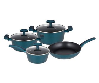 Set vase de gatit Michelino, 7 piese, aluminiu forjat, acoperire antiaderenta, turcoaz