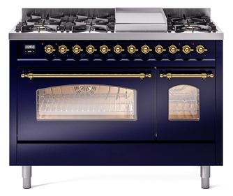 Aragaz, ILVE, Nostalgie, 120 cm, 6 arzatoare, Fry Top, 2 cuptoare electrice, midnight blue/brass