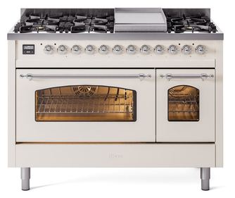 Aragaz, ILVE, Nostalgie, 120 cm, 6 arzatoare, Fry Top, 2 cuptoare electrice, antique white/chrome