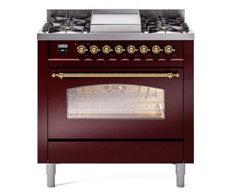 Aragaz, ILVE, Nostalgie, 90 cm, 4 arzatoare, Fry Top, cuptor electric, burgundy/brass