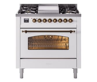 Aragaz, ILVE, Nostalgie, 90 cm, 4 arzatoare, Fry Top, cuptor electric, white/burnished