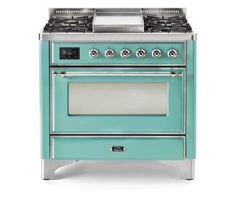 Aragaz, ILVE, Majestic, 90 cm, 4 arzatoare, Fry Top, cuptor electric, light green/chrome