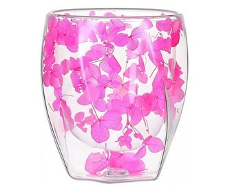 Üveg pohár, dupla falú, szárított virágokkal, rózsaszín hortenzia, 250 ml