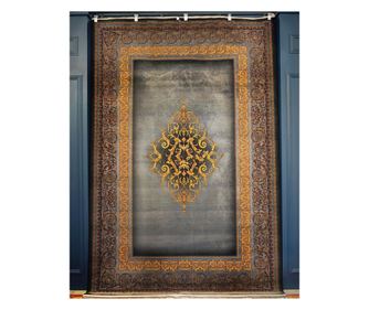 Персийски килим, кръгъл килим, 200X200 см,Коприна и памук, модерен дизайн, цвят сиво и златно