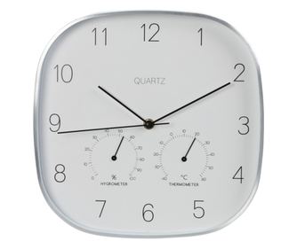 Stenska ura s postajo za merjenje vremena, kovina / steklo, 28,5 cm, bela / srebrna