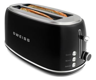 Retro Sweiss kenyérpirító, 2 szelet, 6 teljesítményfokozat, automatikus kikapcsolás, leolvasztás/törlés/újramelegítés funkció, m