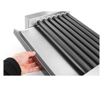 Szaftoskolbász-sütő grill, 9 görgős, 42 cm széles, 940 W, tapadásmentes görgők, rozsdamentes acél test, Hendi