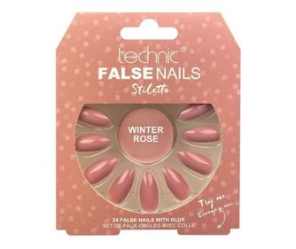 Sada 24 umělých nehtů, Technic, umělé nehty, Squareletto, Winter Rose, lepidlo včetně