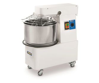 Profesionalna spiralna miješalica s fiksnom posudom, 1 brzina, okretni kotači, posuda, poklopac i spirala od nehrđajućeg čelika