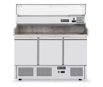 Pizza radni stol s 3 vrata i vitrinom za sastojke, 6 GN 1/4 posuda, 270+170 W, ARKTIC by Hendi, 140x70x(V)144.5 cm