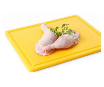 Żółta deska do krojenia, 26,5x32,5x(H)1,2 cm - GN1/2, z rowkiem odpływowym, polietylen HDPE 500, zgodna z HACCP, Hendi