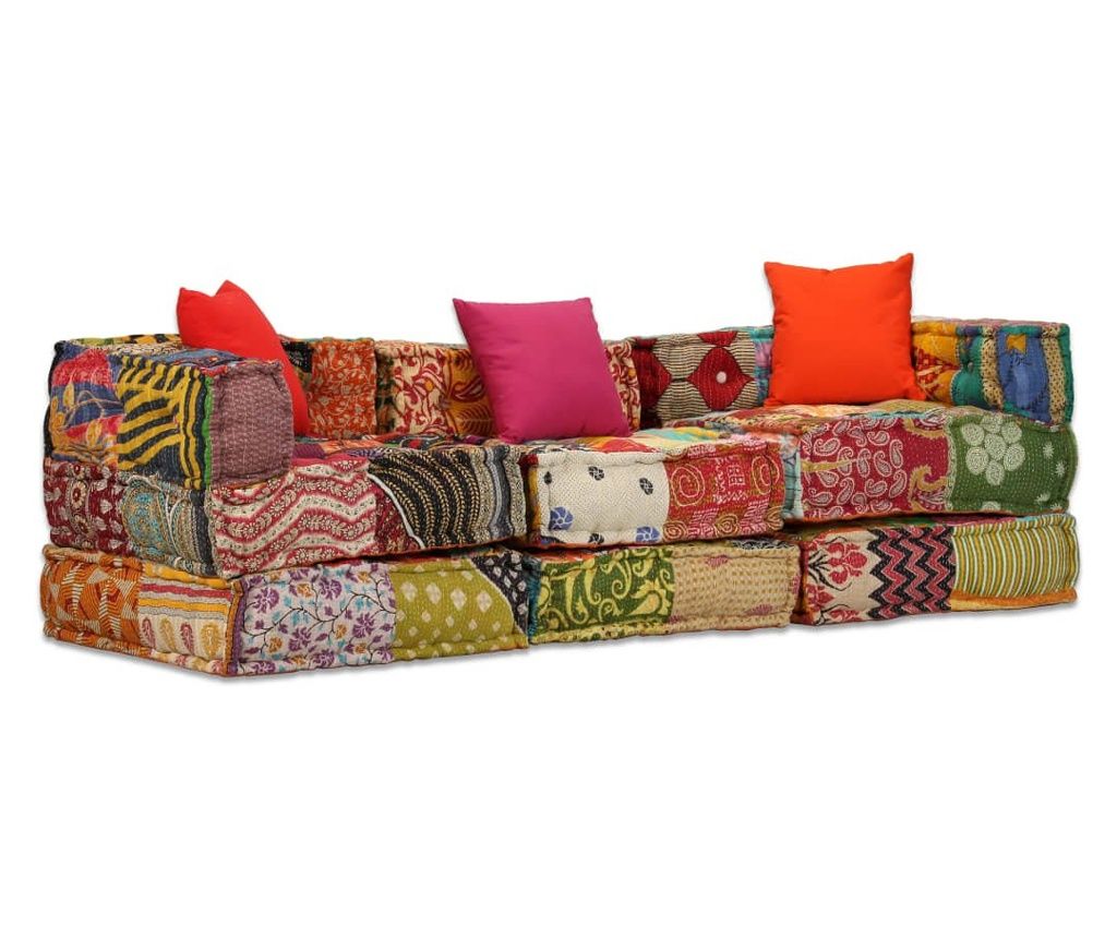 3-Seater Modular Pouf Sofa, Patchwork, Fabric