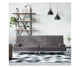 Γκρι Καναπές-Κρεβάτι από Συνθετικό Δέρμα με Θήκες για Ποτήρια