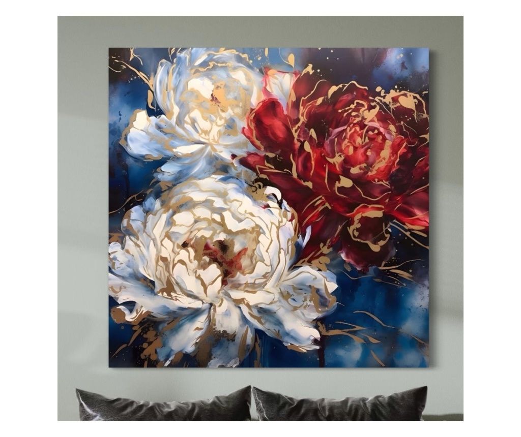 Premium Canvas Print LuxCanva® A1463, Gold Lines, Flowers, Trio, Gold Leaf, Room, Vibrant Colors - 100 X 100