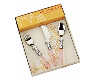 Детски комплект прибори за хранене, Casa Bugatti, 3 части, премиум, елегантен дизайн, неръждаема стомана, пастелно розово