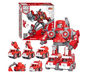 Robot Transformer DIY in 5 Masini de Pompieri, Linomag®, Camion cu macara, Excavator, Platforma lucru la inaltime, Tanc de apa,