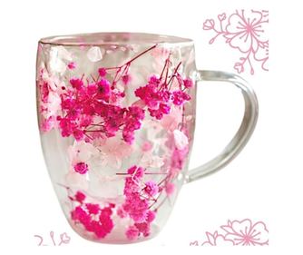 Vrček s posušenimi rožnatimi cvetovi gipsofile, dvojne stene, borosilikatno steklo, 300 ml, SZK149