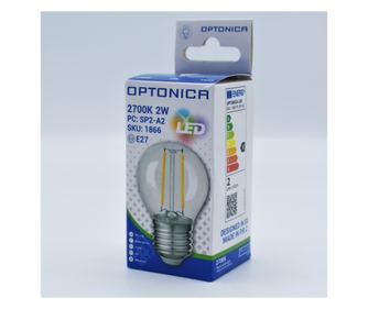 Bec led sferic Vintage filament 2W (17W), E27, G45, 250lm, lumina calda (2700K), clar, Optonica