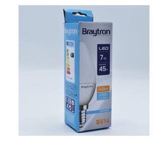 Bec led lumanare 7W (45W), E14, C37, 460lm, lumina rece (6500K), opal, Braytron